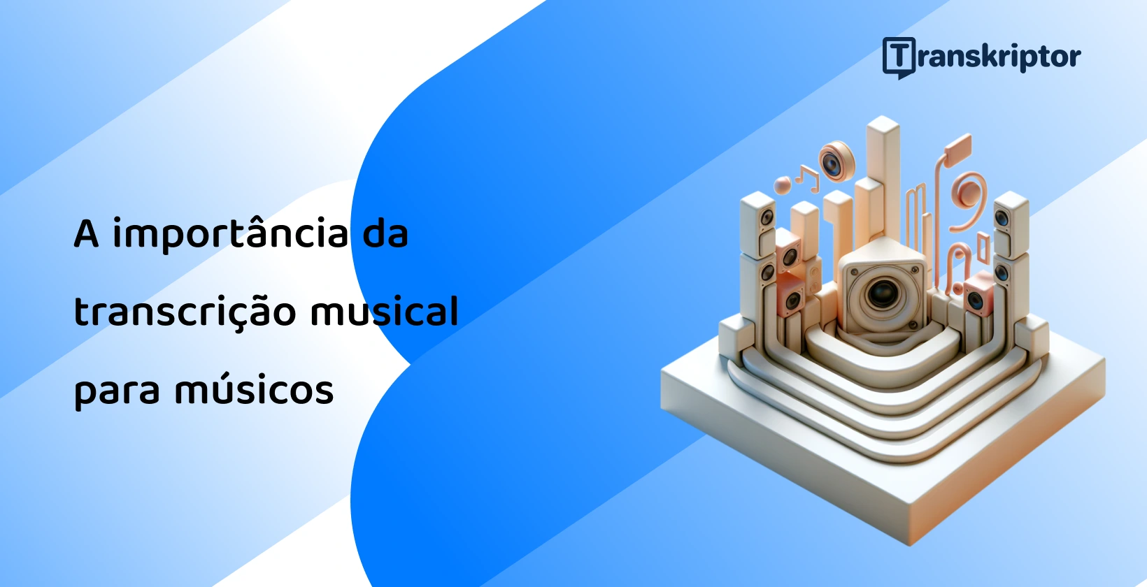 Configuração abstrata com notas musicais e elementos do alto-falante retratando o papel crucial da transcrição musical para os músicos.
