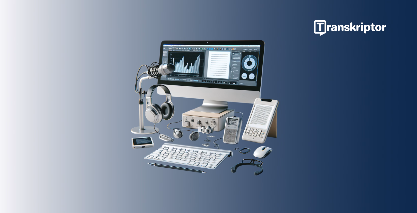 Padidinkite tyrimų produktyvumą naudodami šiuolaikinius įrankius, rodomus aptakioje darbo vietos sąrankoje, įskaitant transkripcijos įrenginius.