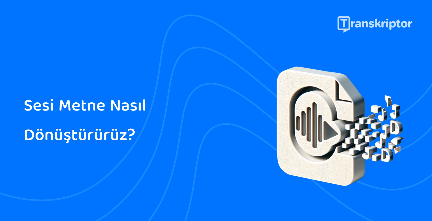 Konuşma transkripsiyon teknolojisini gösteren, metin küplerine dönüşen ses dalgalarını gösteren sesten metne dönüştürme çizimi.