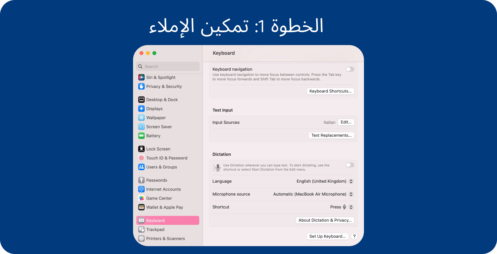 ميزة الإملاء المميزة على شاشة إعدادات Mac ، تعرض خطوات تنشيط الإدخال الصوتي للكتابة المبسطة.