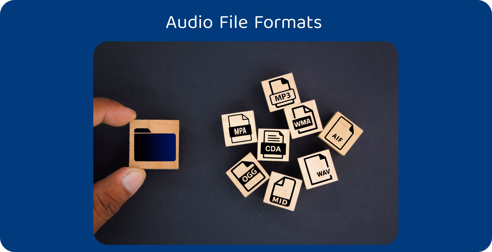 Kézben tartva egy fából készült csempét, amelyen üres hely van MP3 és más hangformátumokkal jelölve, illusztrálva a MP3 átalakítást.