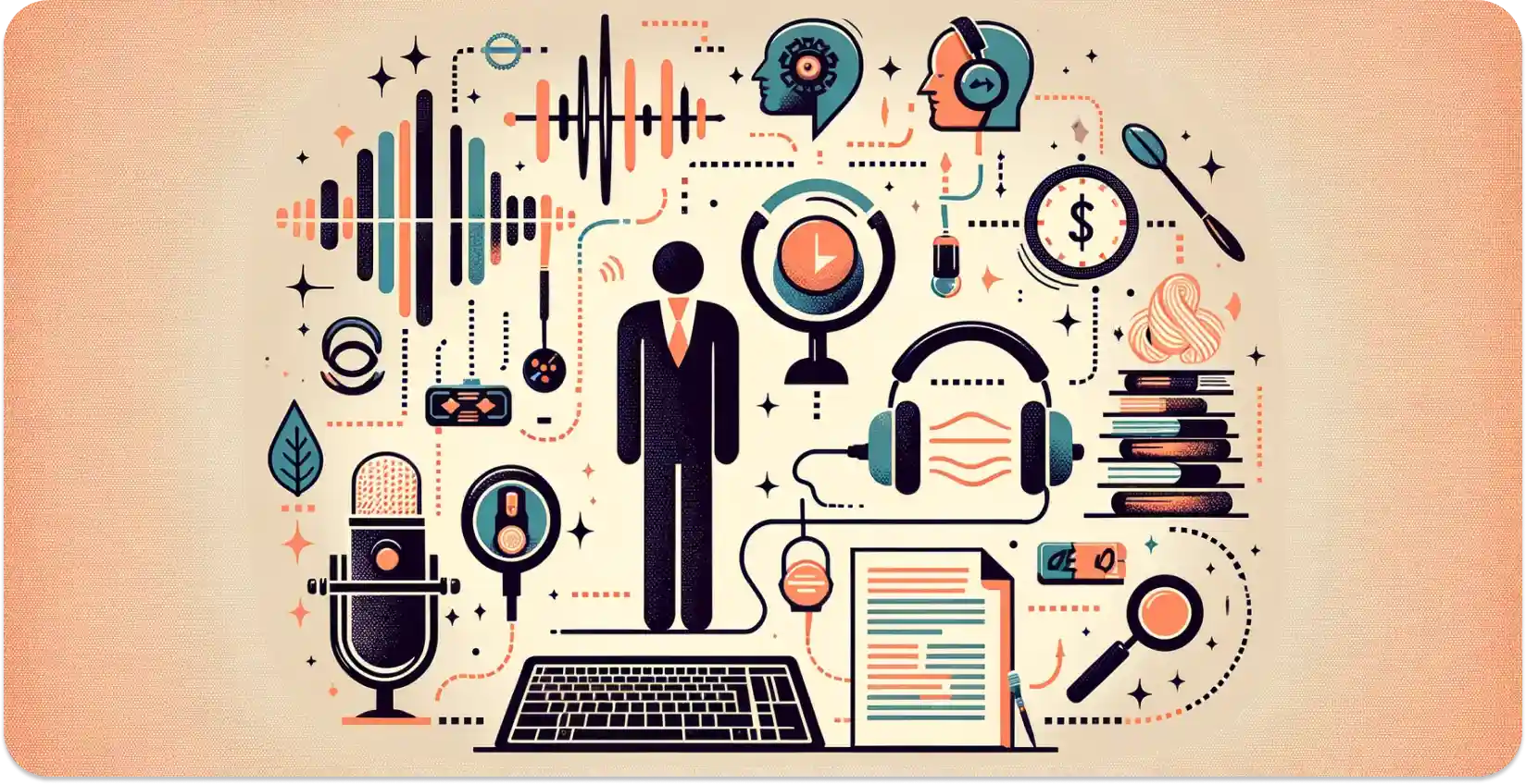 A stylized representation of audio transcription with icons for microphones, headphones, and documents.