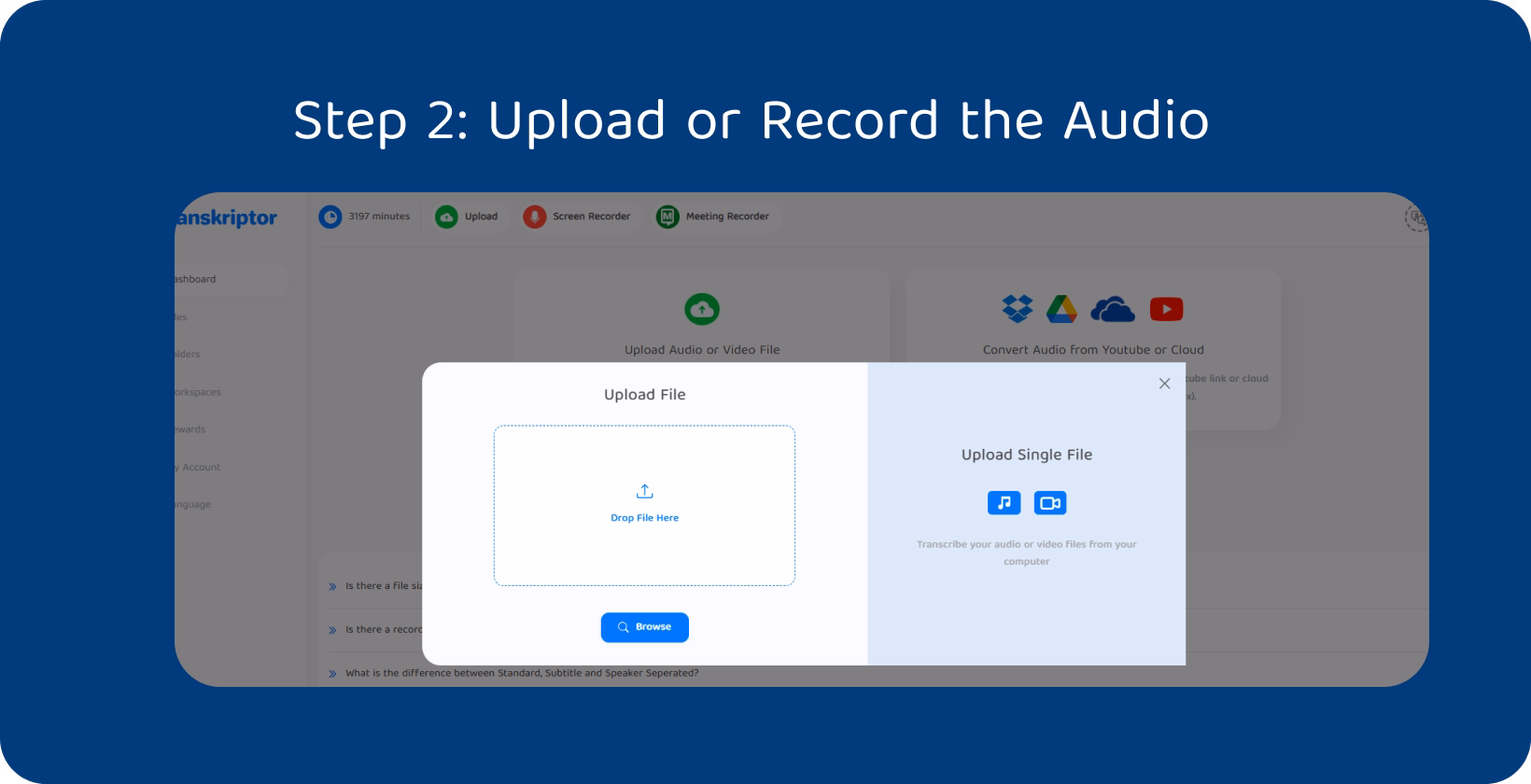 Интерфейс загрузки аудиофайлов с выбором языка