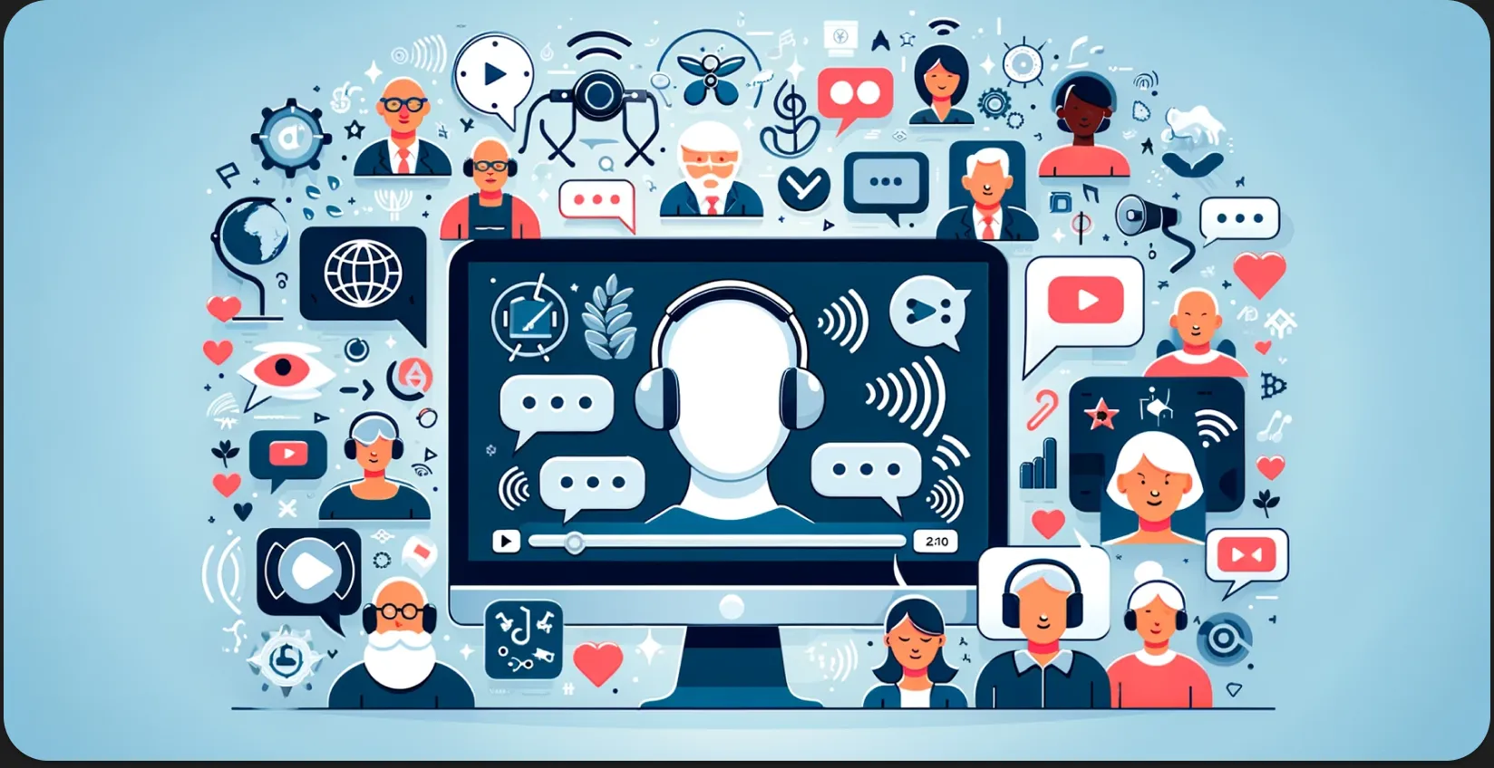 Auto captioning features represented illustration of an online communication interface with icons.