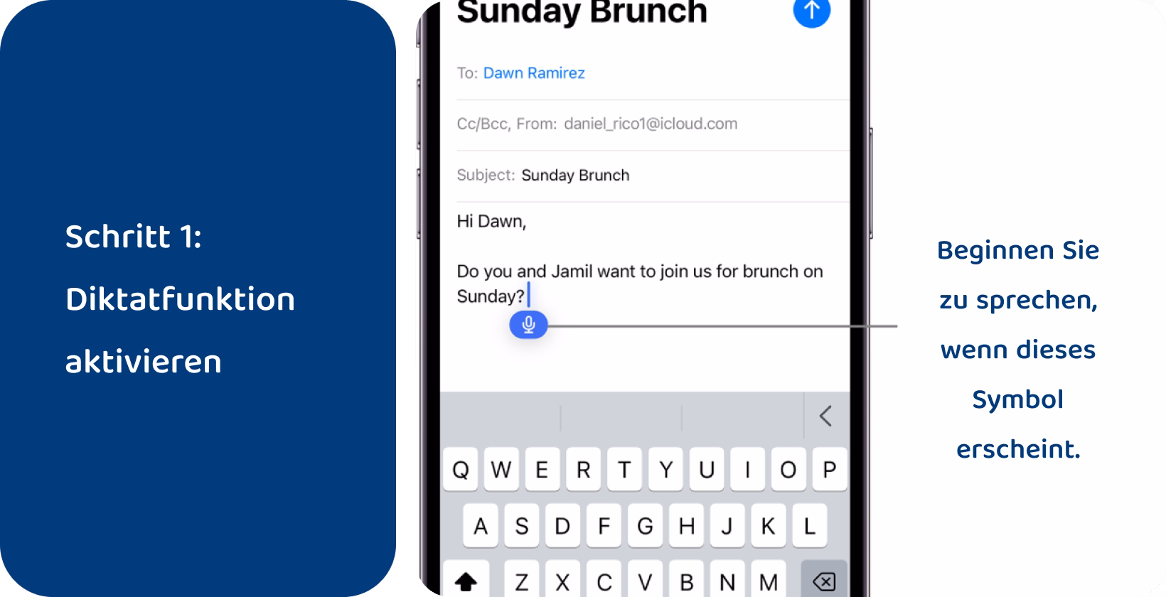 Die benutzeraktivierende iPhone-Diktierfunktion, die für die E-Mail-Texteingabe spricht, veranschaulicht das freihändige Tippen. 