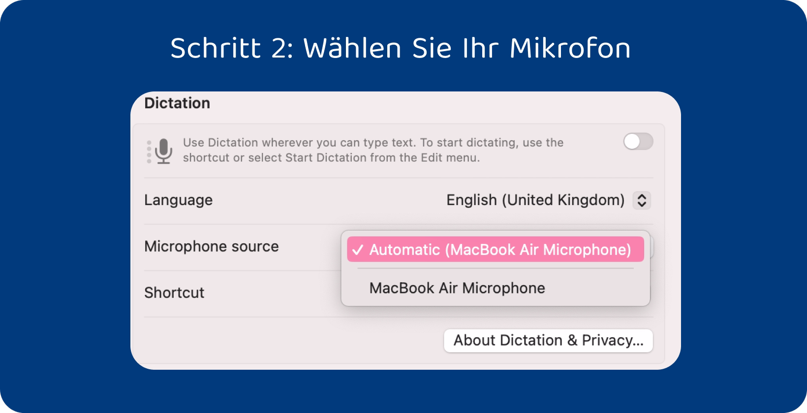 Diktiereinstellungen auf einem Mac mit Sprachoptionen und Mikrofonauswahl, um das Tippen mit Sprachbefehlen zu erleichtern.
