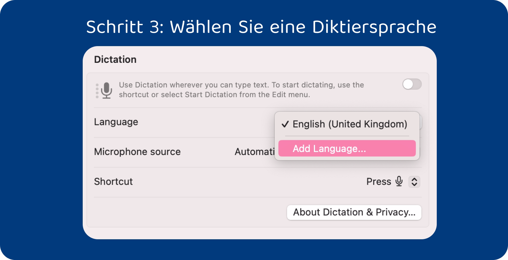 Die Diktiereinstellungen auf dem Mac zeigen die Sprachauswahl für eine effiziente Spracheingabe an, wobei Englisch (Großbritannien) hervorgehoben ist.
