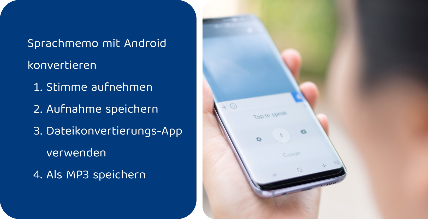 Person, die eine Sprachnotiz-App auf einem Telefon verwendet, um Audio für die Konvertierung in das MP3-Format aufzunehmen und den Konvertierungsprozess zu demonstrieren.