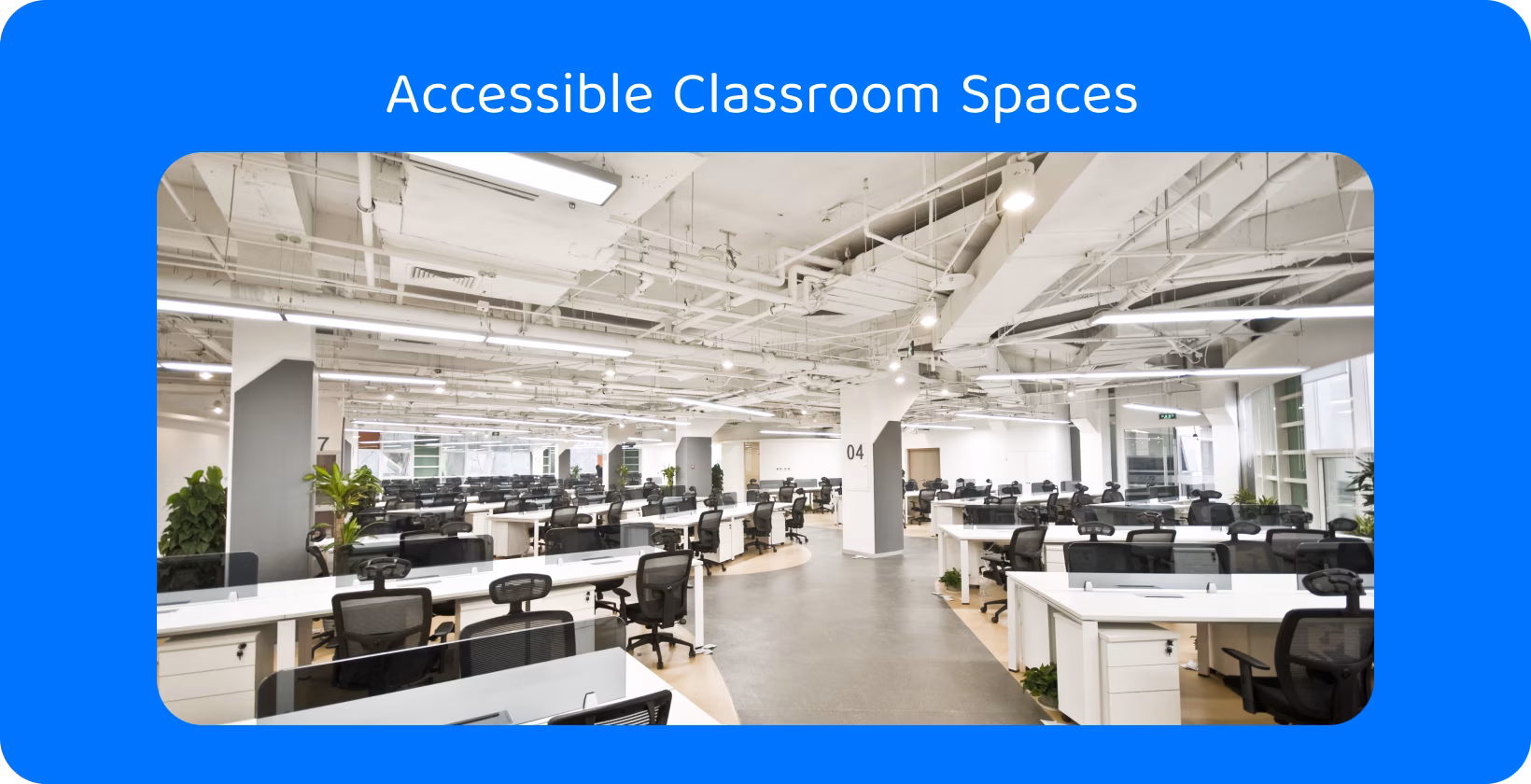 Spacious lecture hall designed to improve accessibility in educational settings, with wide aisles and seating.