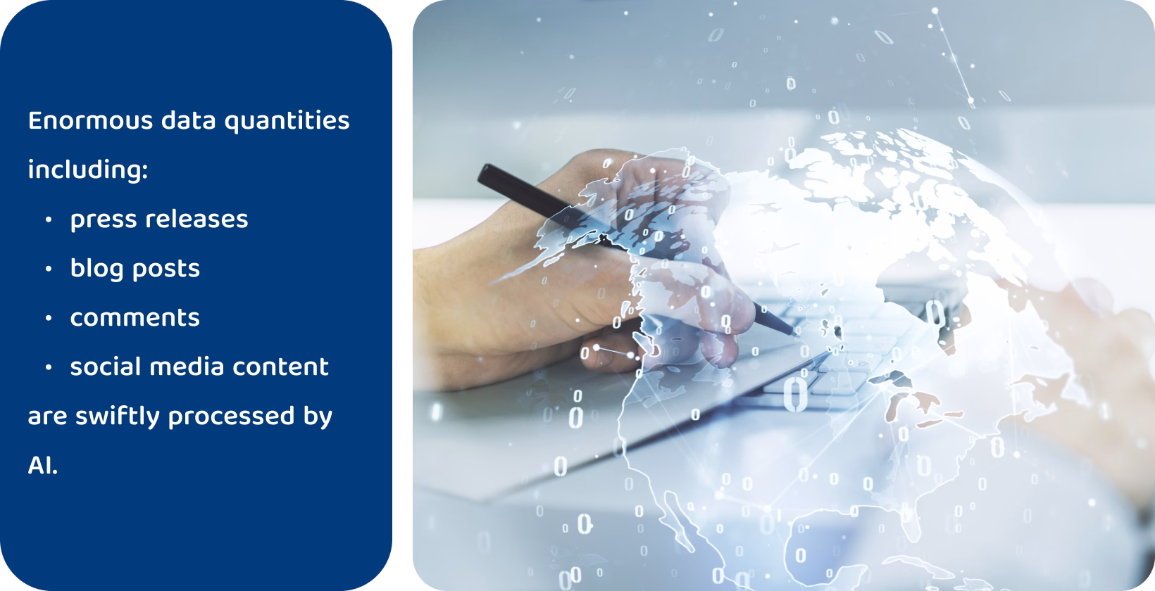 Artificial intelligence in journalism depicted by a journalist's hand overlaid with digital data map.