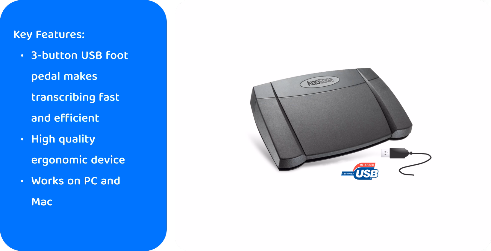 Dictation foot pedal highlights seamless PC and Mac integration, ensuring swift transcription and an ergonomic design for user comfort.