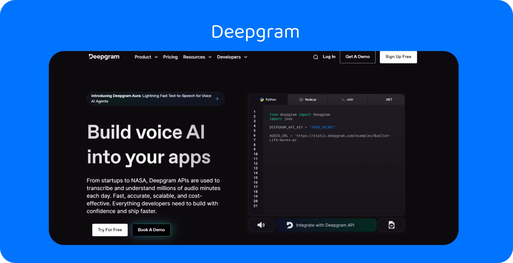 Audio to text API interface displaying code snippets on Deepgram website, highlighting ease of integration.