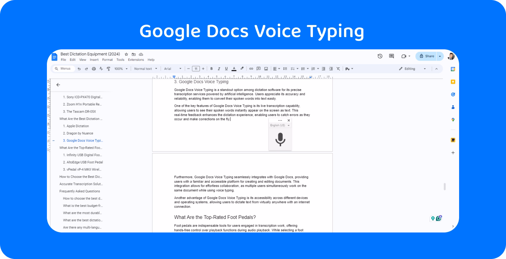 Dictation equipment list on a screen showcasing Google Docs Voice Typing, highlighting transcription and AI integration.