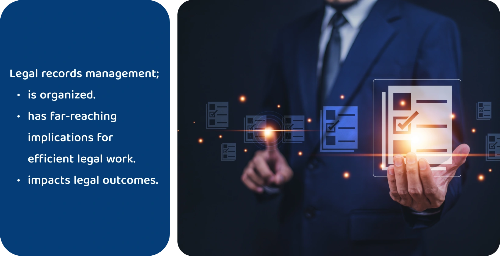 In a futuristic setting, a businessman interacts with a cutting-edge legal records management system.