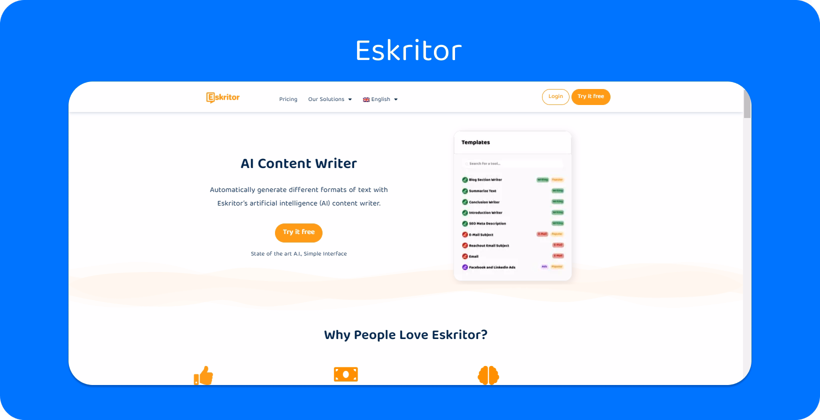 Writing manual tips displayed on Eskritor's interface, illustrating tool selection for effective documentation.