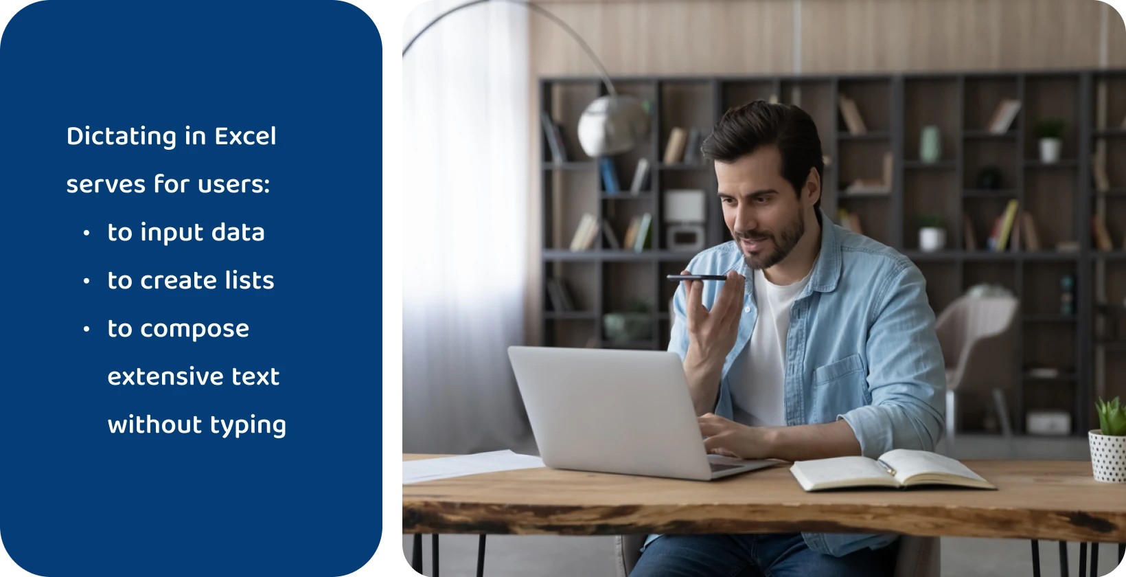 Man dictating data into Excel on his laptop, demonstrating a hands-free way to populate spreadsheets.