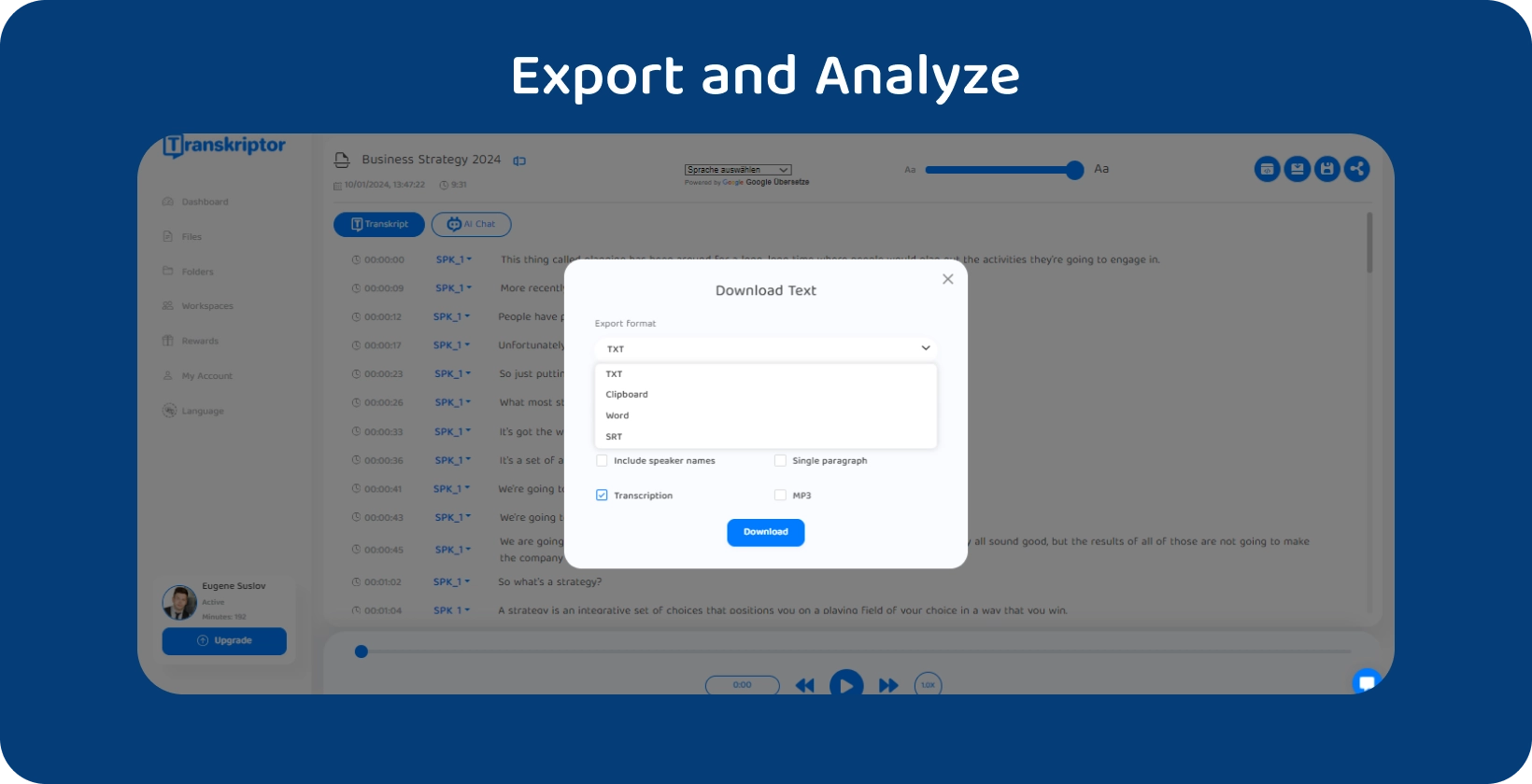 Transkriptor dialog box for downloading transcripts, offering various formats for research analysis.