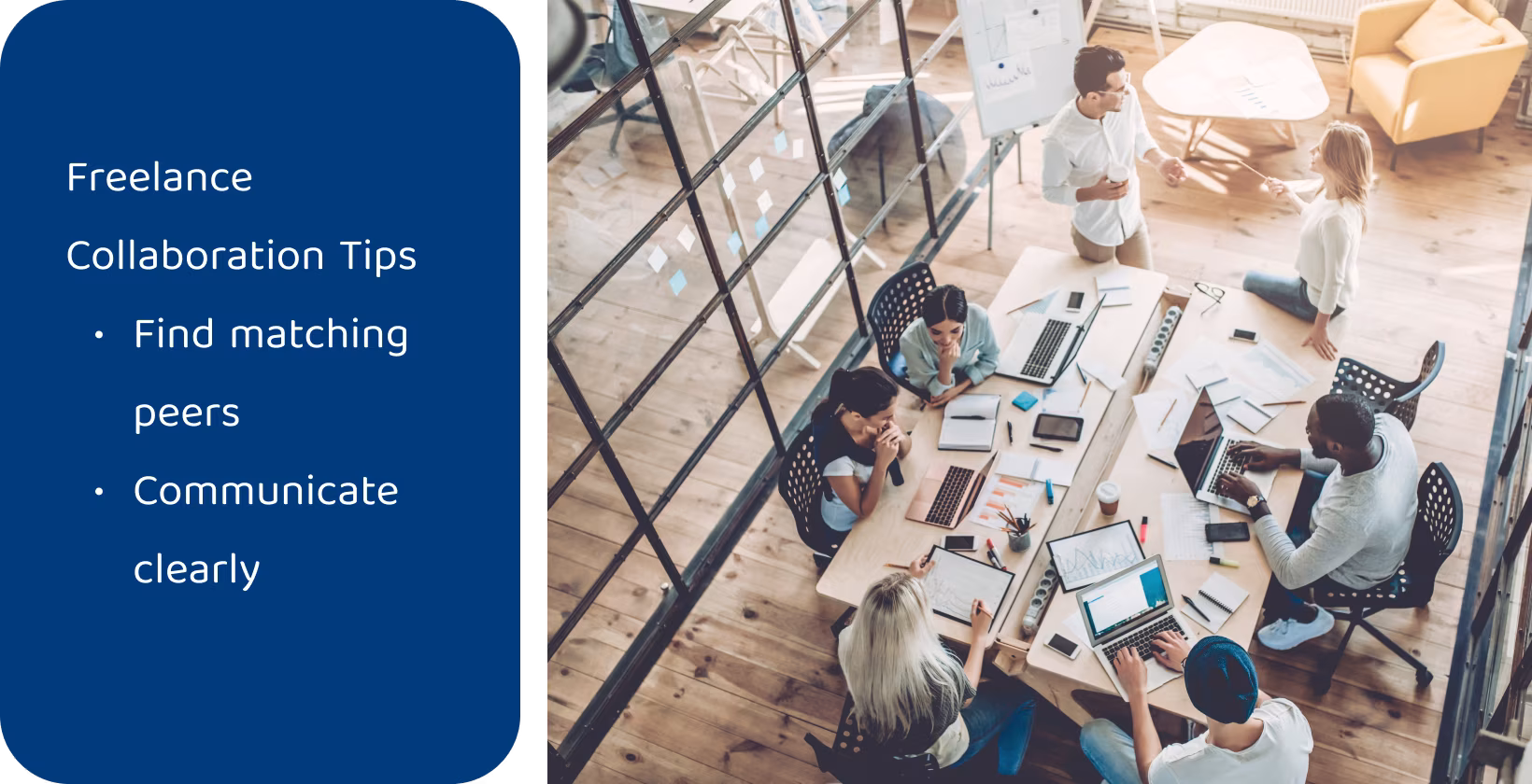 Building a freelancer network, professionals collaborate in a office, discussing and strategizing for growth.