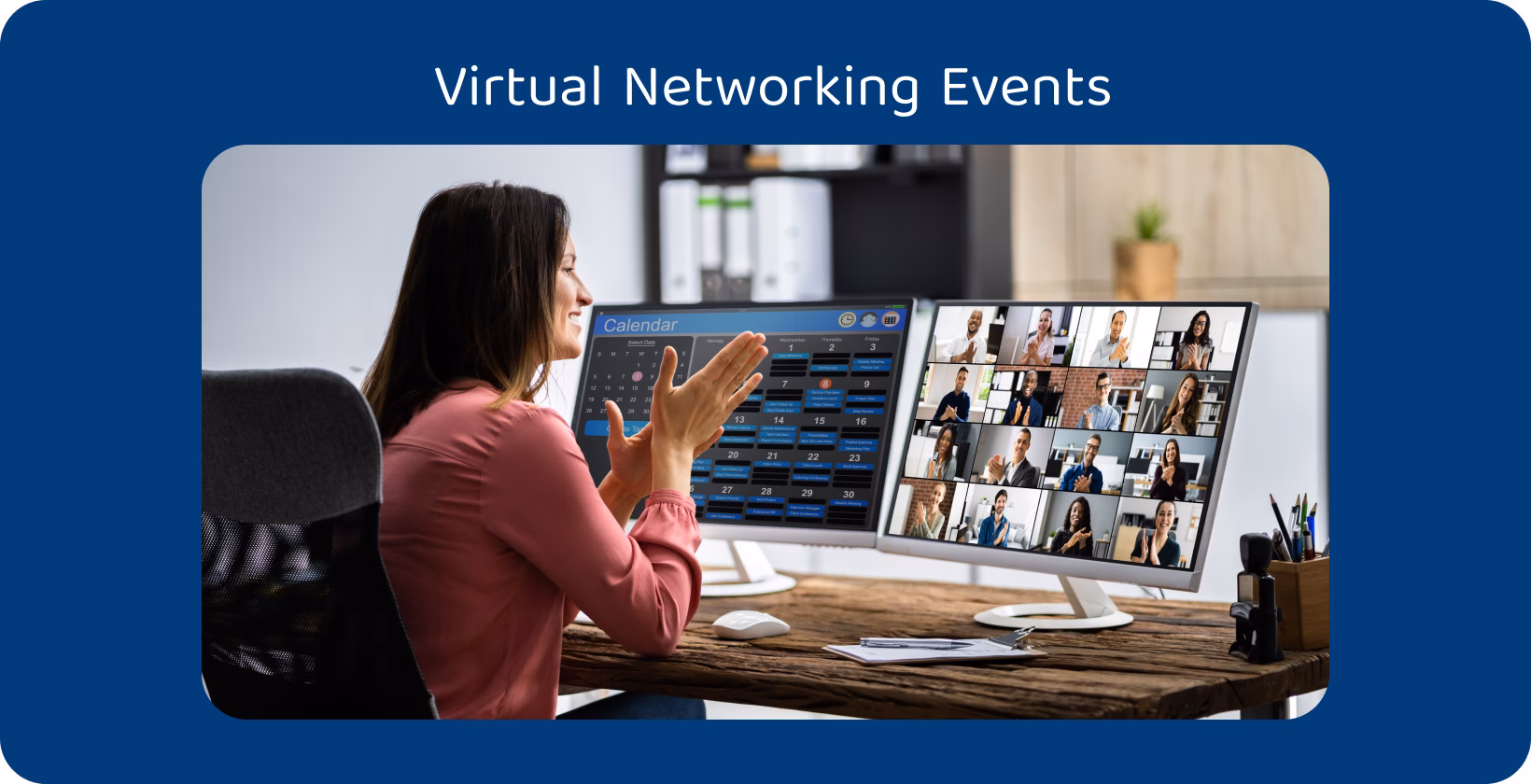 Freelancer expands professional network through a virtual collaborative event with multiple faces on screen.