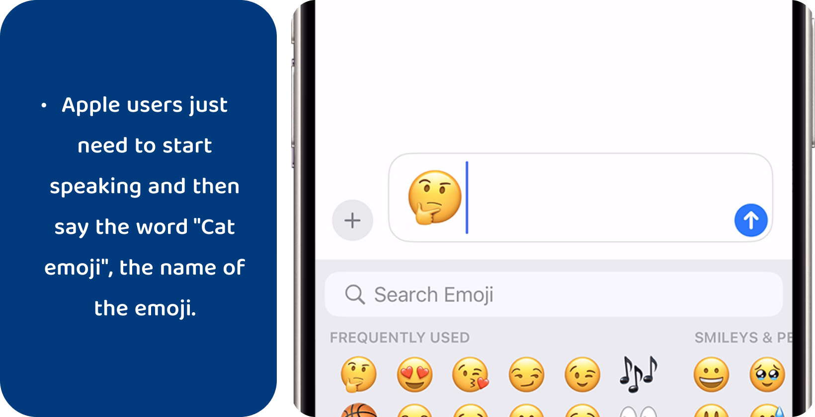 Learn iPhone dictation as shown on the messaging screen featuring the microphone icon and text cursor next to an emoji.