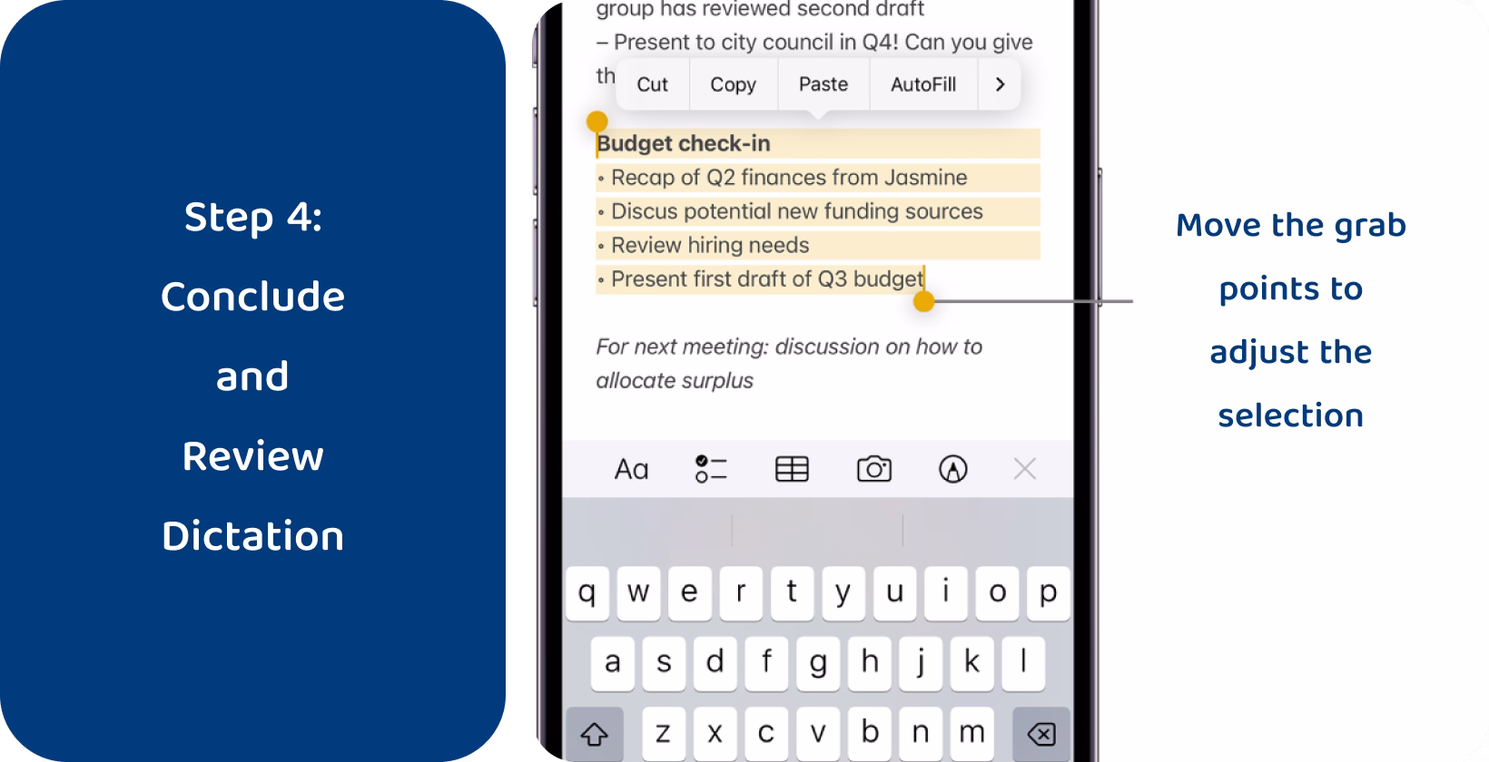 Dictation on iPhone displaying text selection with grab points, streamline note-taking, messaging with voice commands.