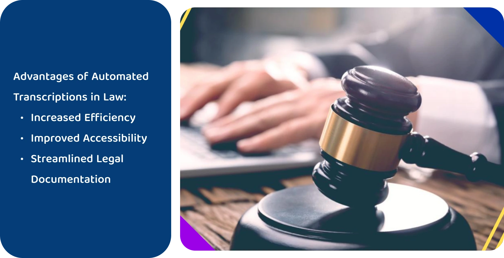 Gavel on a desk symbolizing law with background of typing hands, highlighting legal transcription automation.