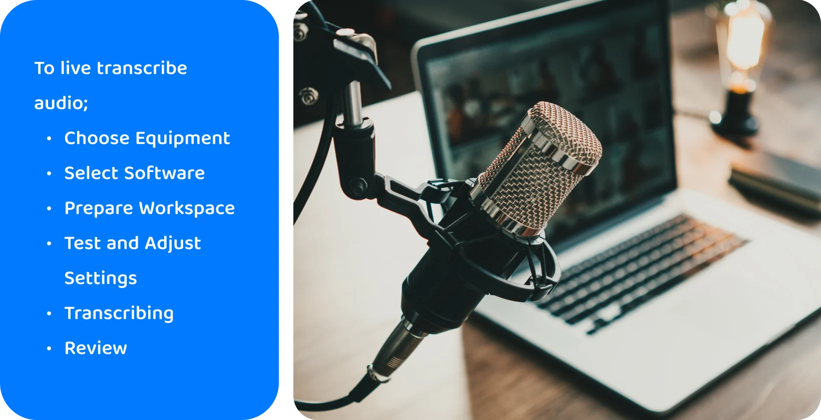 Professional microphone positioned for recording or live transcription with a laptop in the background.