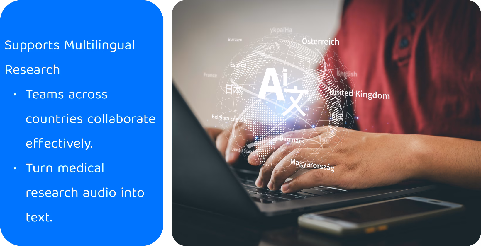 Transcription in medical research enhances multilingual teams, shown by a person typing with language symbols.