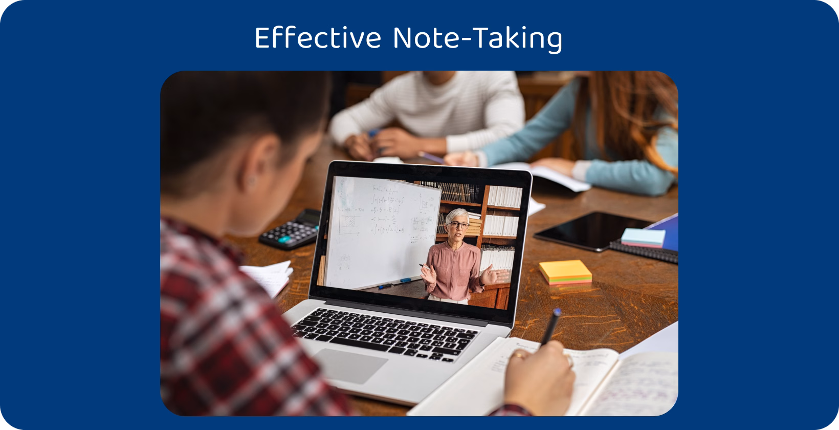 Students engage in online learning, taking notes from a digital lecture, highlighting efficient information retention.