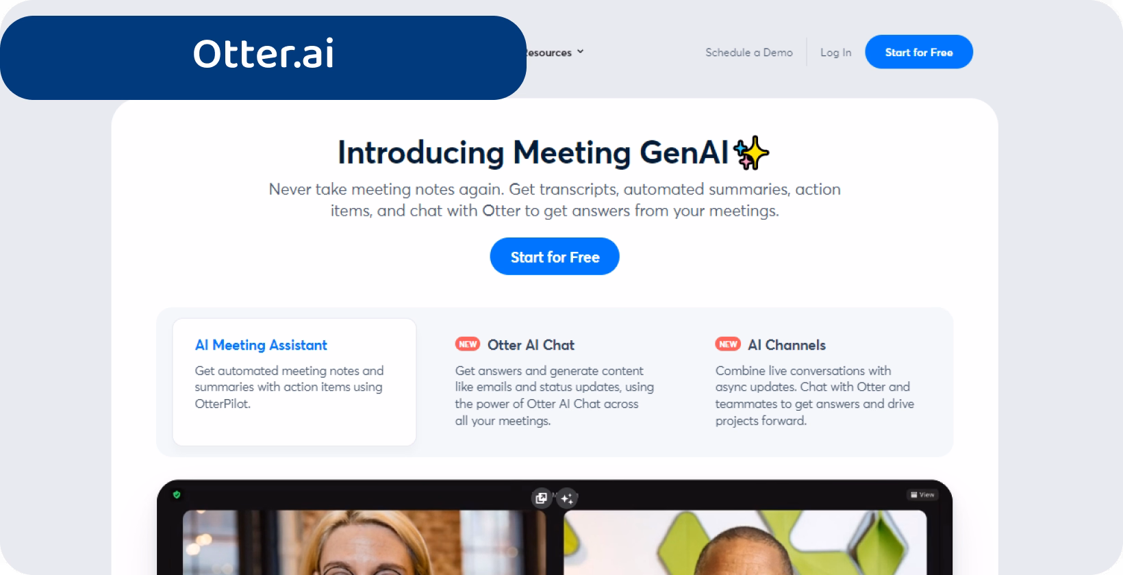 Otter.ai for developers displayed on a website promoting AI-assisted note-taking and meeting summaries.