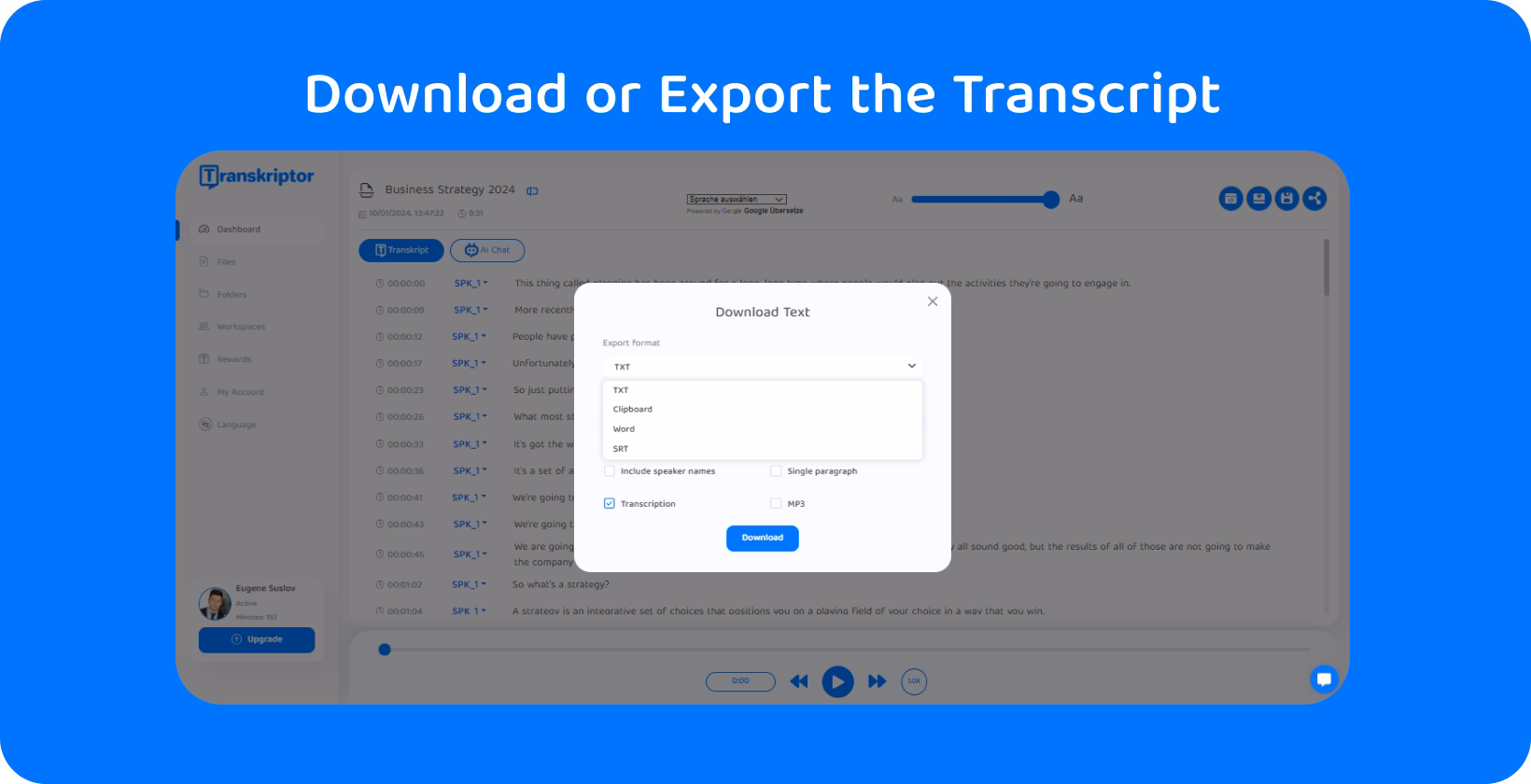 Spotify podcast transcript exporting interface showing download options to enhance user accessibility and convenience.