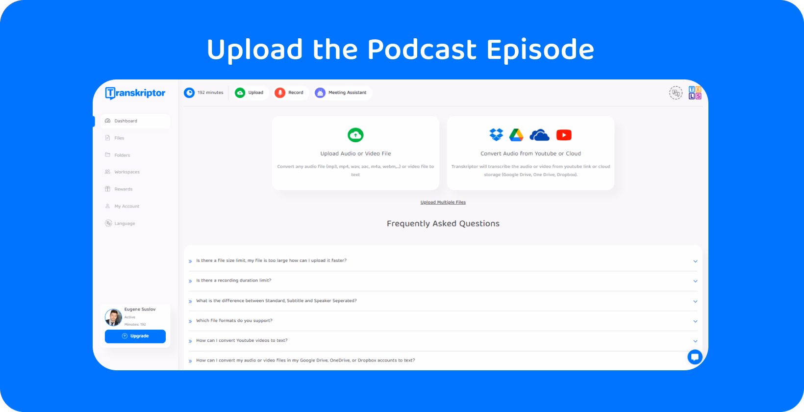 Spotify podcast transcript interface showing upload and conversion options for accessibility and ease.