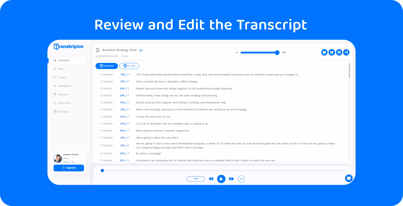 Spotify podcast transcript editing interface shows how to review text for clarity and accuracy in 2024 podcasts.  