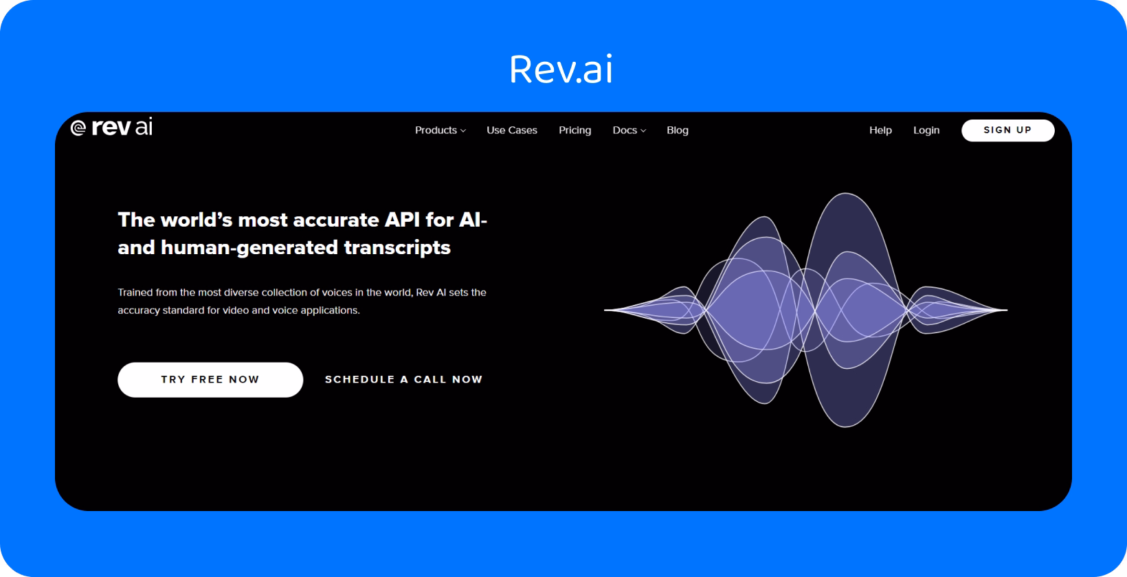 Audio to Text API webpage showcasing accurate AI transcription services with a vibrant waveform illustration.