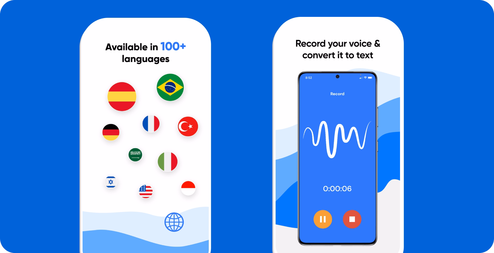 A Samsung smartphone showing a voice recording being transcribed to text, multilingual voice-to-text conversion.