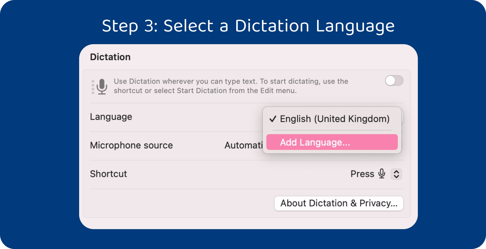 Mac dictation settings showing language selection for efficient voice-typing, with English (United Kingdom) highlighted.