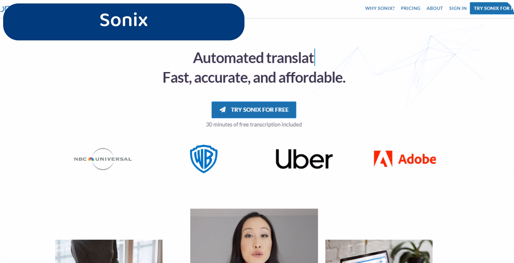 Video to text software interface with a woman speaking for transcription, demonstrating ease of use and efficiency in content creation.