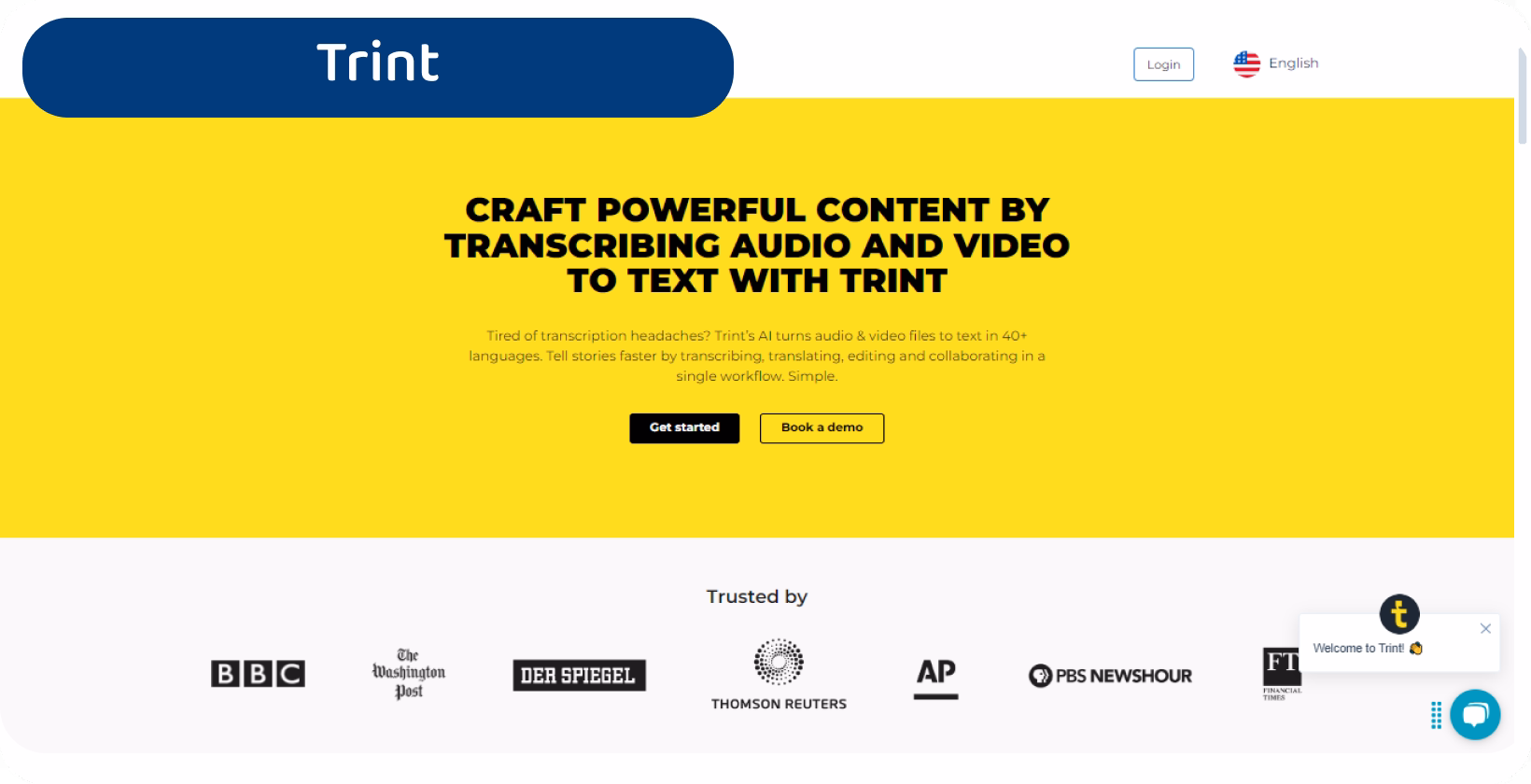 Video to text software interface showing Trint's transcription service for converting audio and video into editable text.