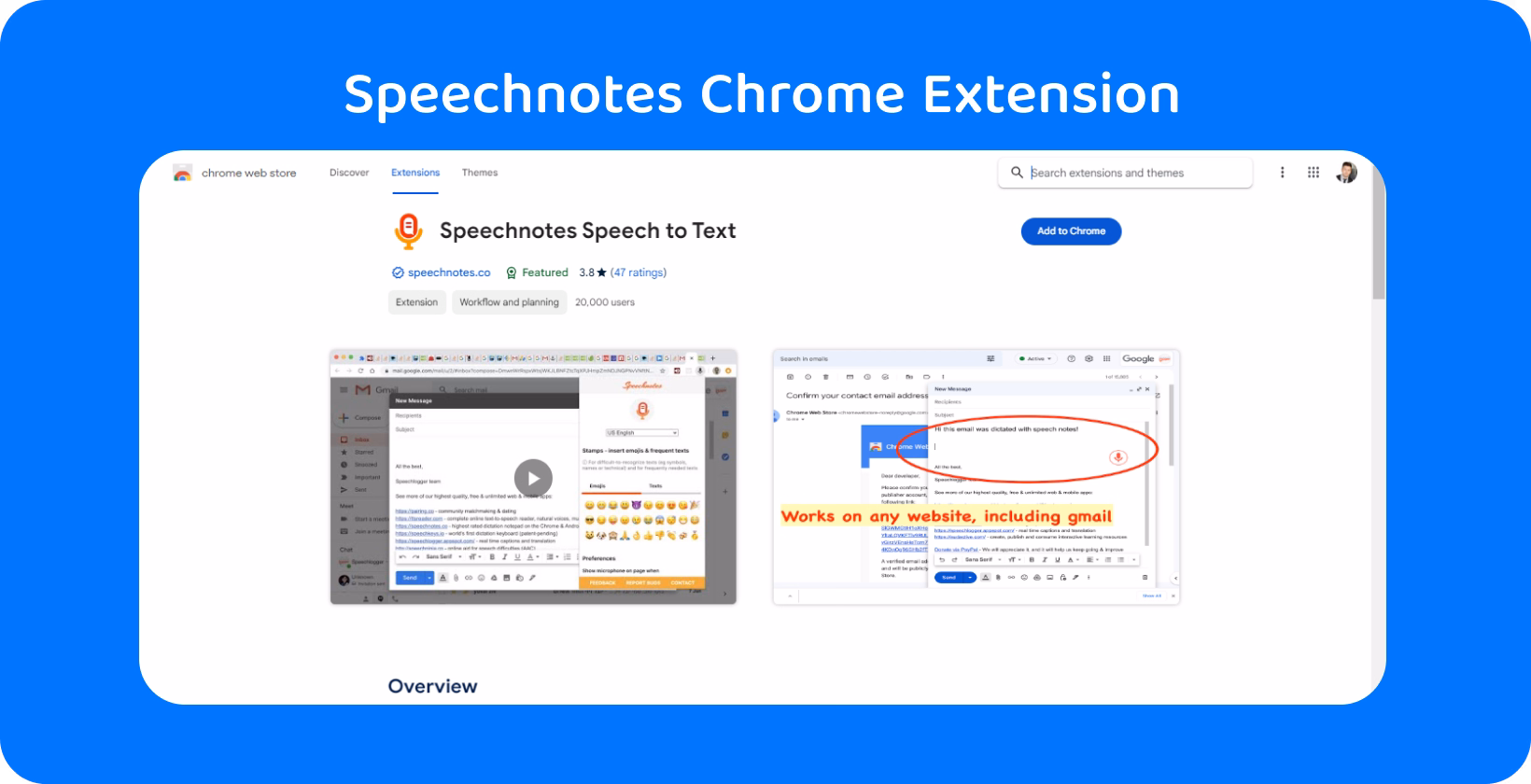 The Chrome extension 'Speechnotes' showcased, illustrating its video-to-text capabilities on various websites.