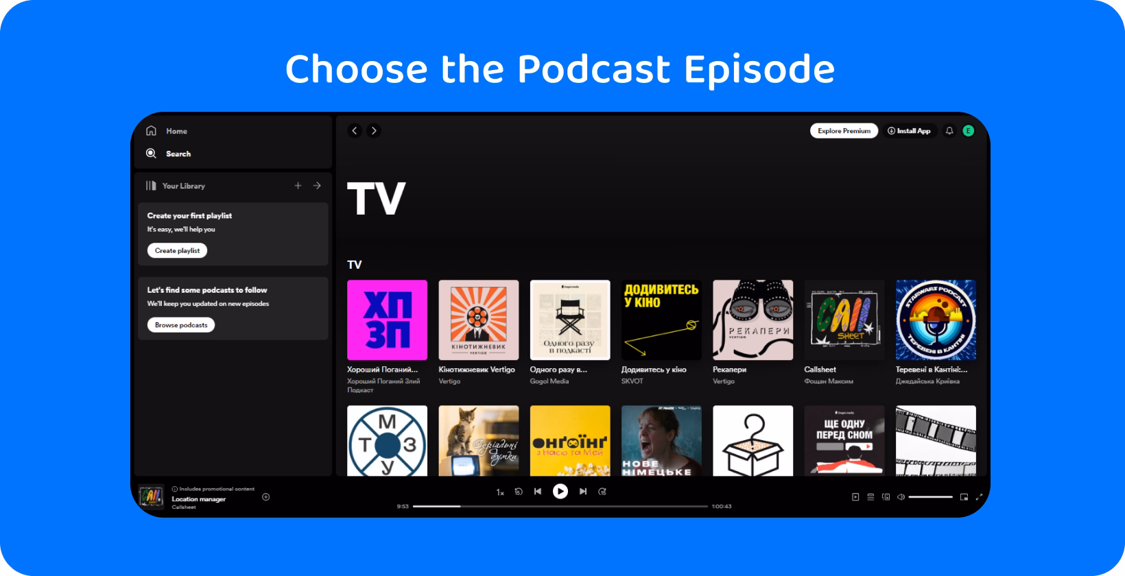 Spotify interface displaying podcast options, highlighting how to select episodes for transcripts in 2024.