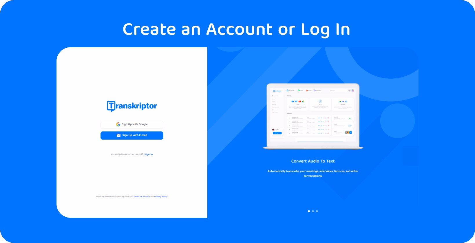 Spotify podcast transcripts platform showing login screen with options for account creation to transcribe audio.