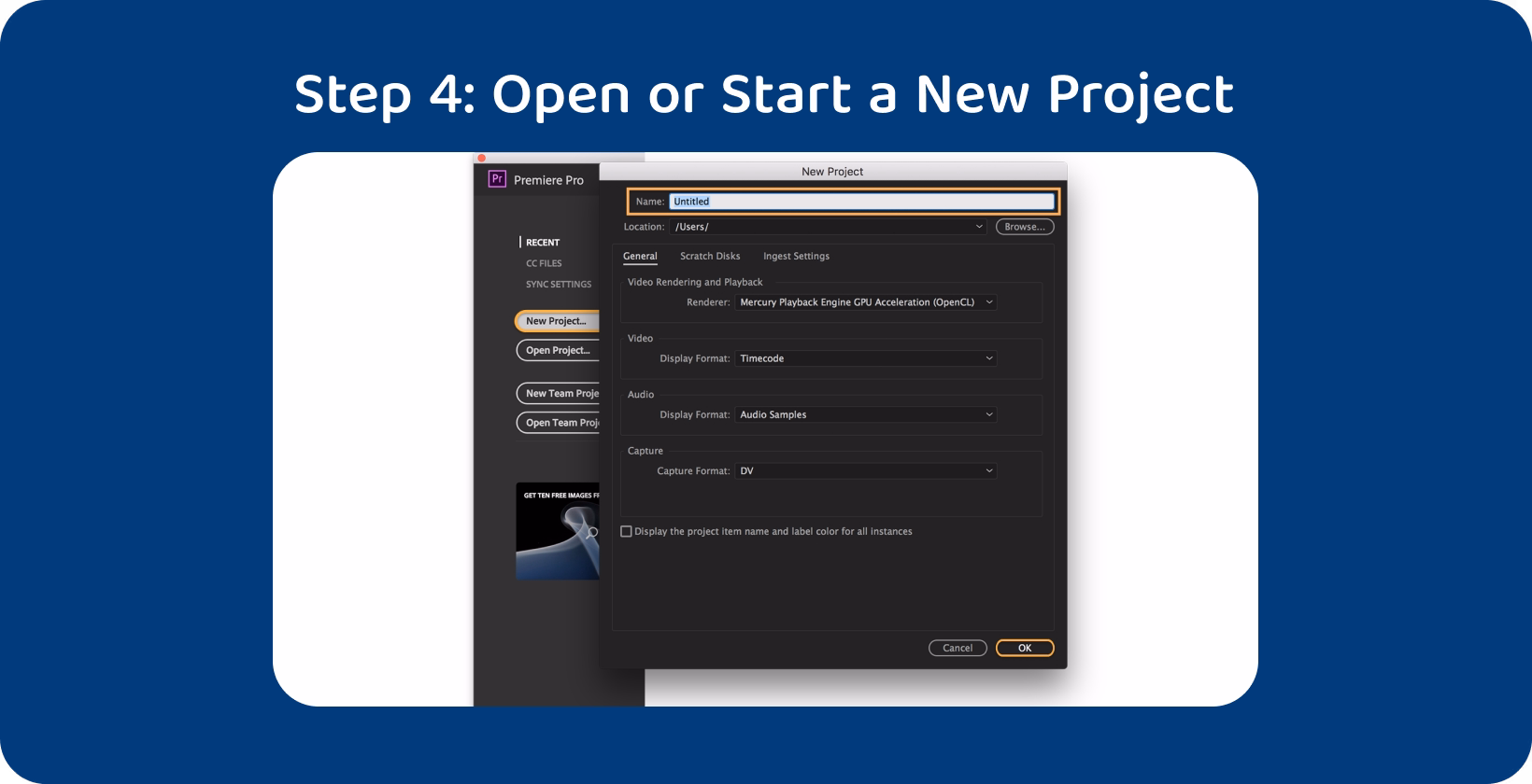 Screenshot of Adobe Premiere Pro's new project interface, highlighting the setup process for video editing projects.