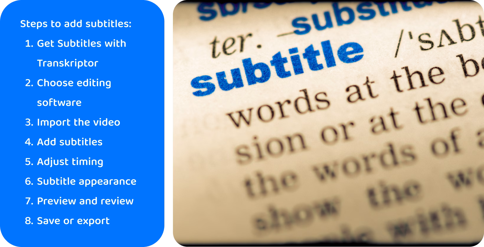 Subtitles keyword emphasized on dictionary page beside a list of steps for adding subtitles to videos.