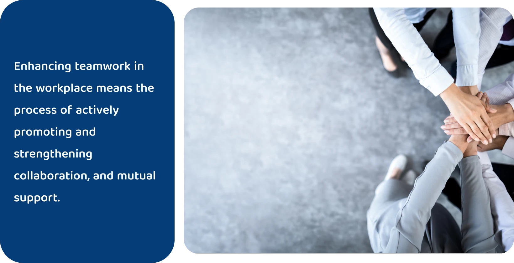 Overhead view of a team stacking hands, symbolizing unity and collaboration in management.