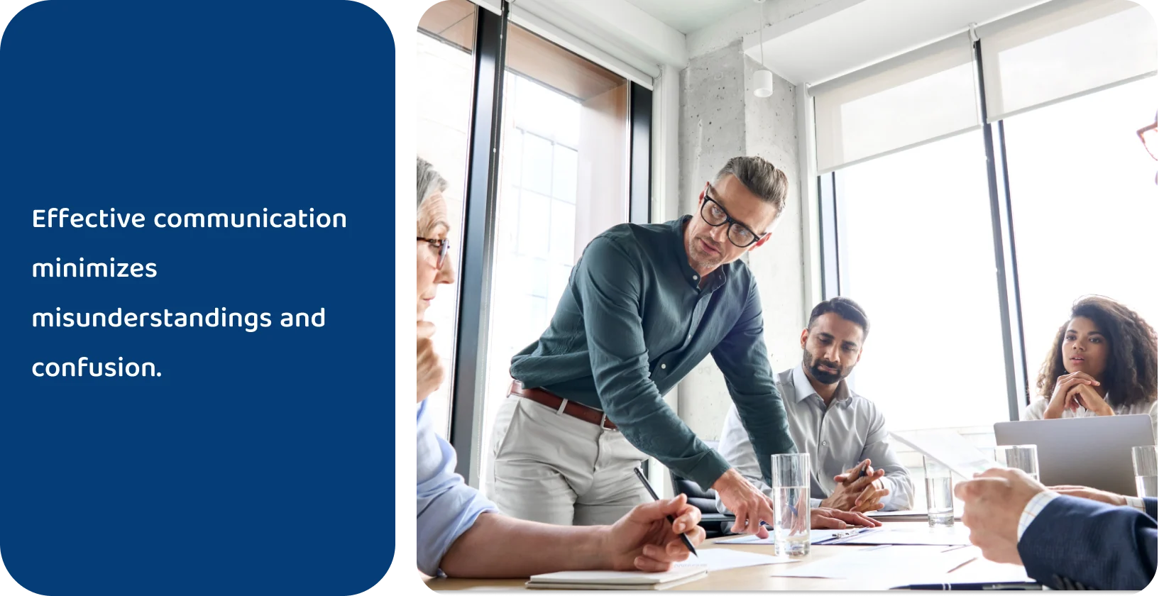 Managers strategize over team collaboration at a business meeting.