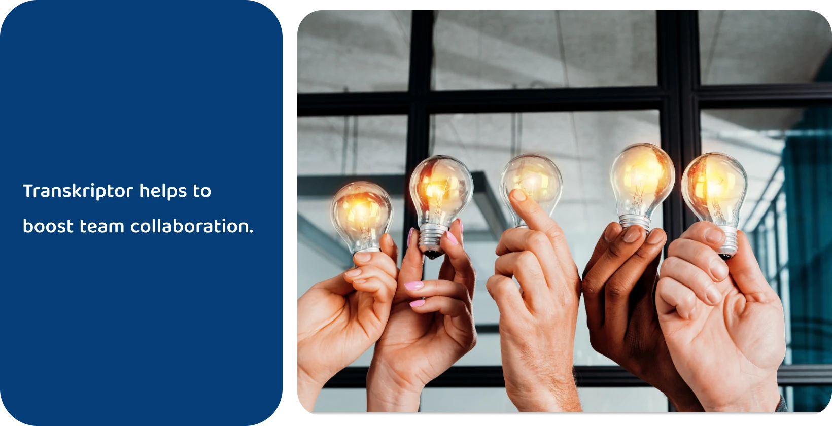 Multiple hands holding light bulbs, representing team collaboration and idea generation.