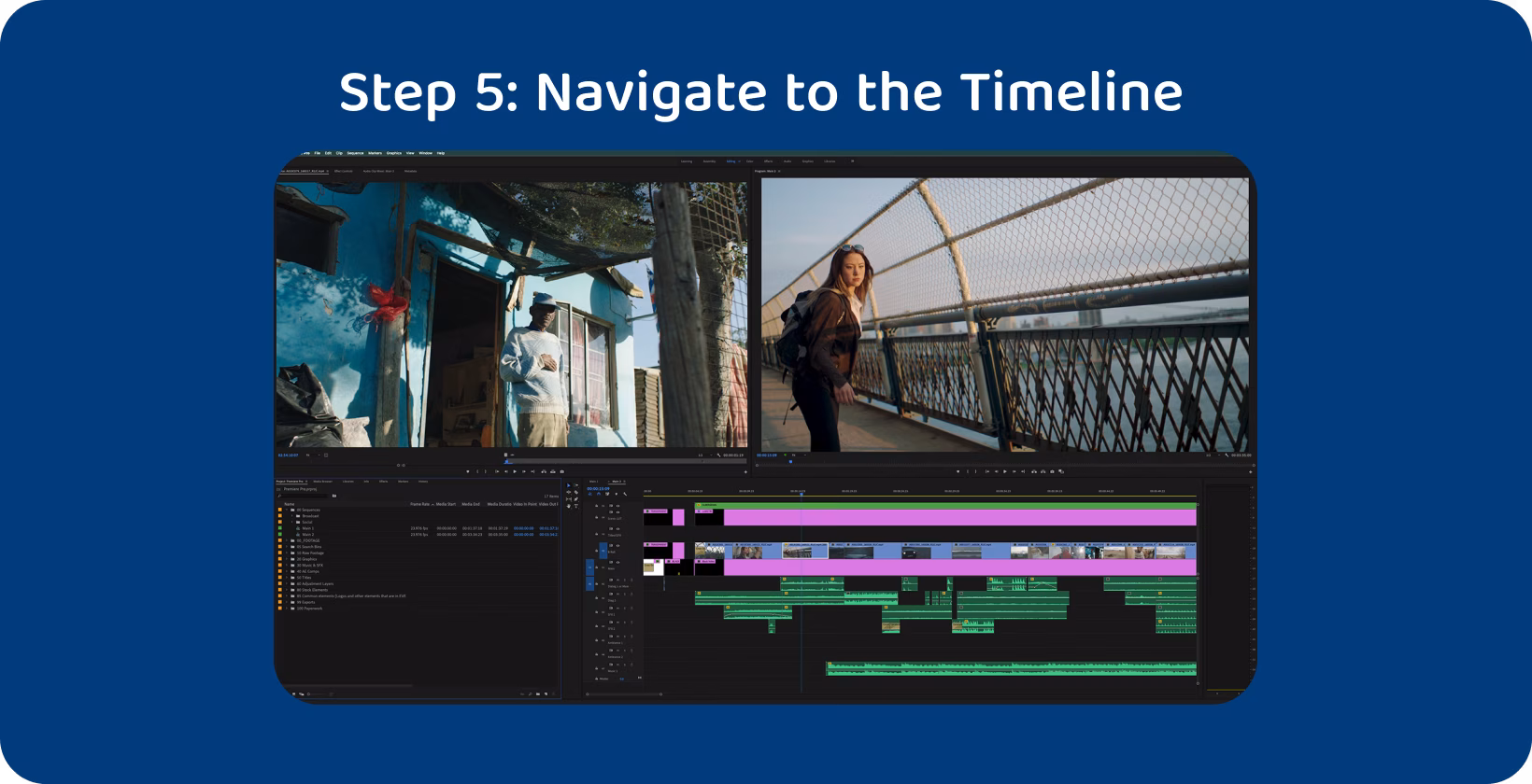 Adobe Premiere Pro interface with an active timeline, showcasing various video and audio tracks during editing.