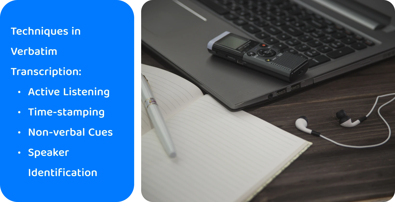 A digital voice recorder, headphones, and notepad on a desk beside a laptop, essential tools for mastering verbatim transcription techniques.