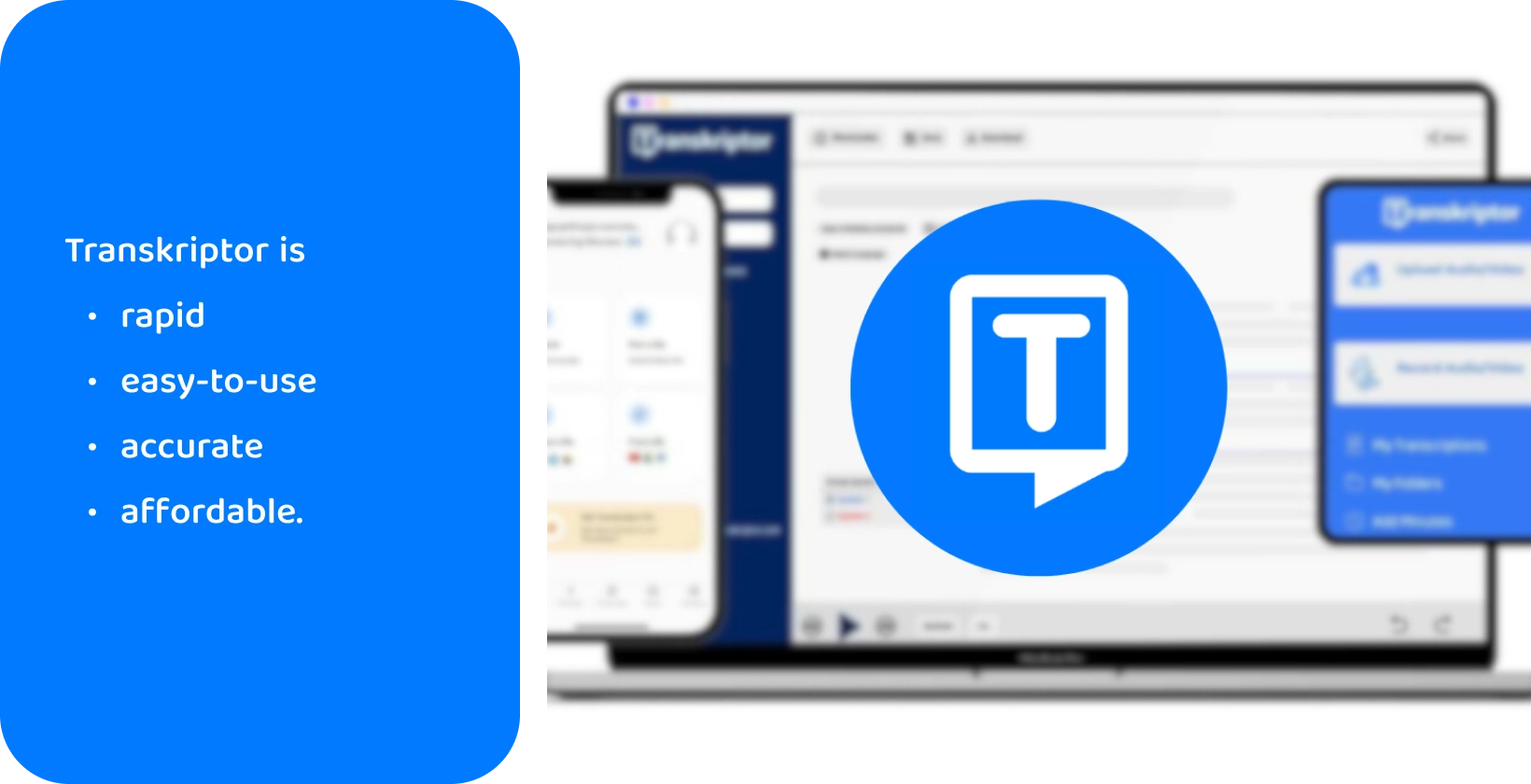 Phone and computer screens displaying Transkriptor app, showing its features for live audio transcription.