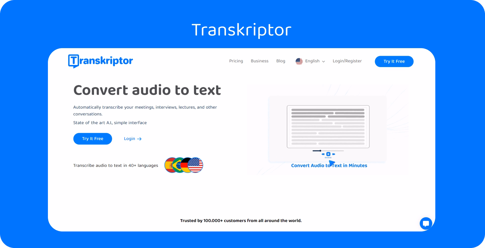 Transkriptor's interface showcasing multi-language audio-to-text conversion capabilities for efficient transcription.